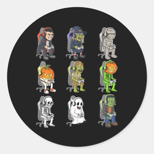 Pegatina Redonda Gamer Halloween Skeleton Vampire Gaming Mummy Boys (Anverso)