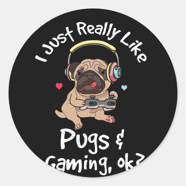 Pegatina Redonda Gamer Pug Lover Video Games Dog Pug Gaming (Anverso)