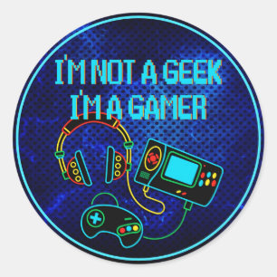 Pegatina Redonda Gamer retro neón azul