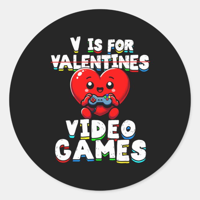 Pegatina Redonda Gamer Valentines V For Video Games Boys Funny Hear (Anverso)