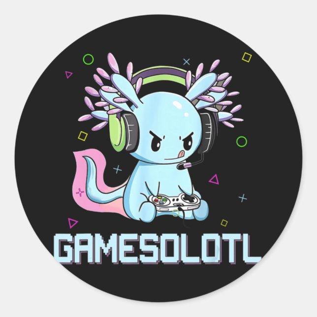 Pegatina Redonda Gamesolotl Cute Axolotl Video Gamer Kawaii Anime B (Anverso)