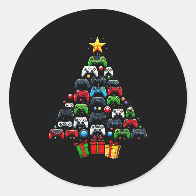 Pegatina Redonda Gaming Controllers Christmas Tree Funny Gamer Boys (Anverso)
