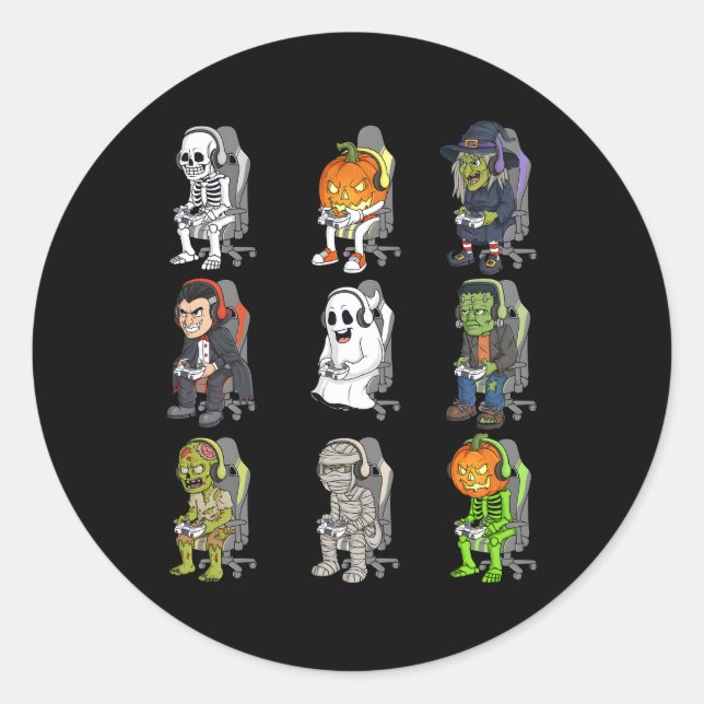 Pegatina Redonda Gaming Halloween Skeleton Vampire Gamer Zombie (Anverso)