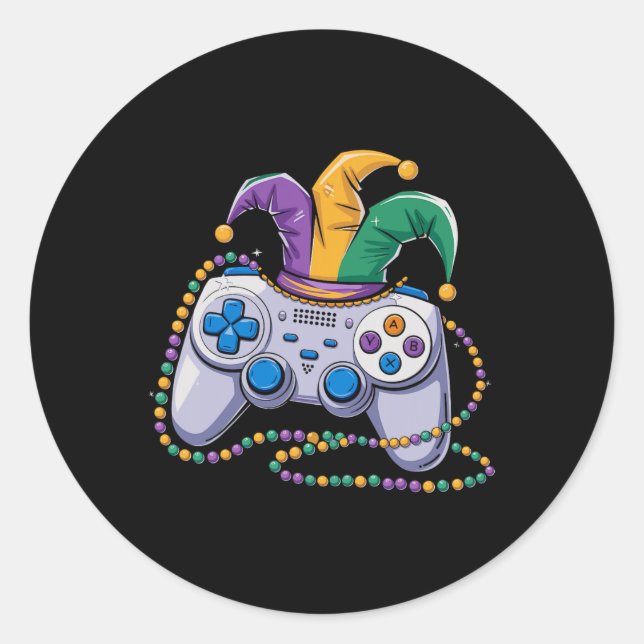 Pegatina Redonda Gaming Mardi Gras Video Game Controller Jester Par (Anverso)