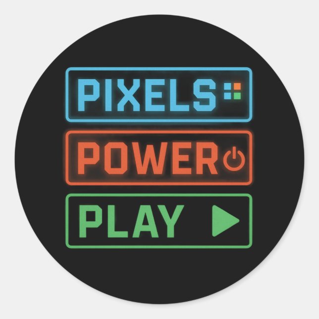 Pegatina Redonda Gaming Stickers – Pixels Power Play Gamer Decals (Anverso)