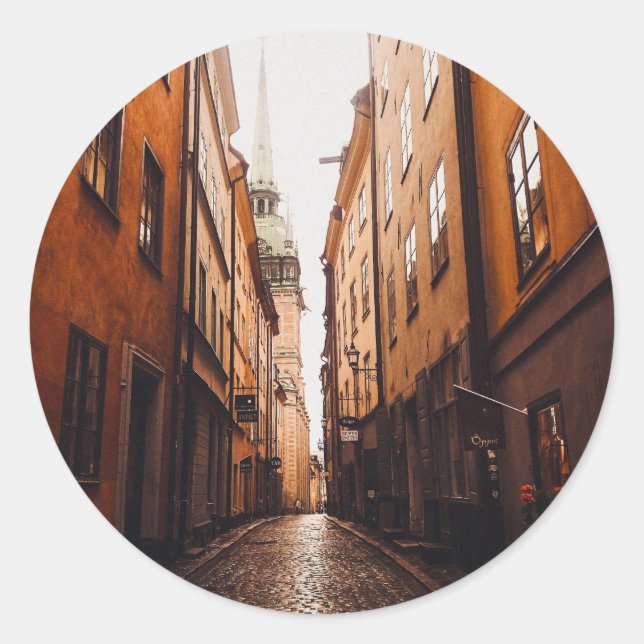 Pegatina Redonda Gamla Stan, Estocolmo, Suecia  (Anverso)