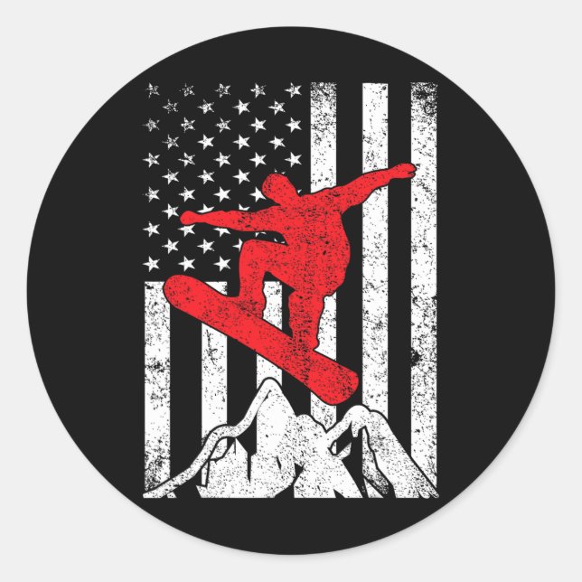 Pegatina Redonda Ganancia de Snowboard Bandera Estadounidense Patri (Anverso)