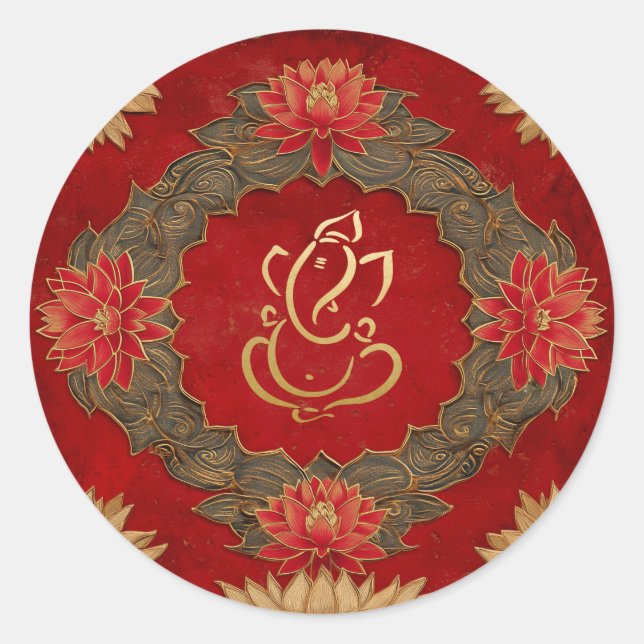 Pegatina Redonda Ganesh Boda | Boda indio Gold Lotus Red (Anverso)
