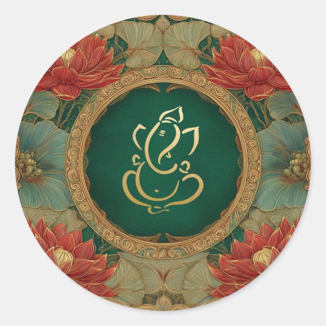 Pegatina Redonda Ganesh Boda | Boda indio Pink Lotus Green (Anverso)