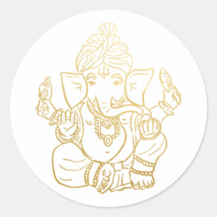 Pegatina Redonda Ganesh Festivo de Oro   Dios indio Ganpati