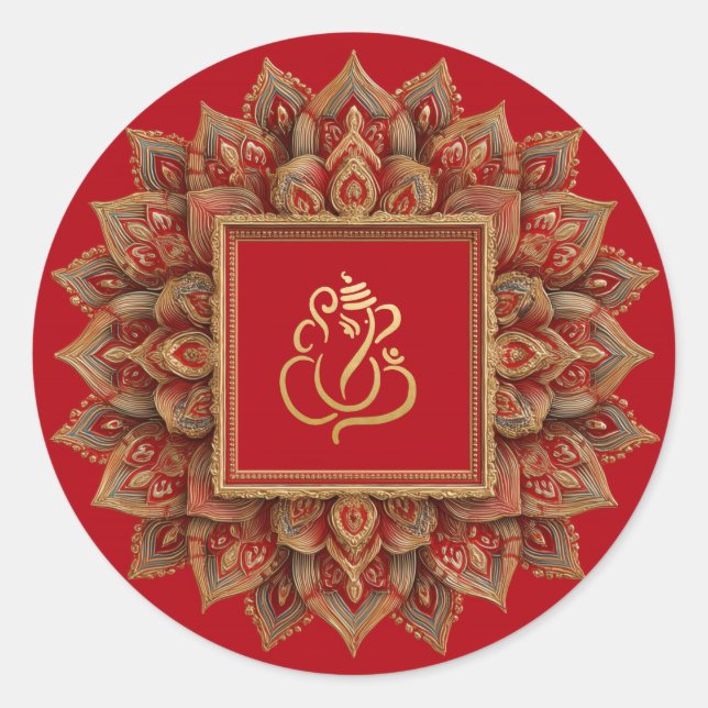 Pegatina Redonda Ganesh Festivo de Oro | Dios Indio Rojo (Anverso)
