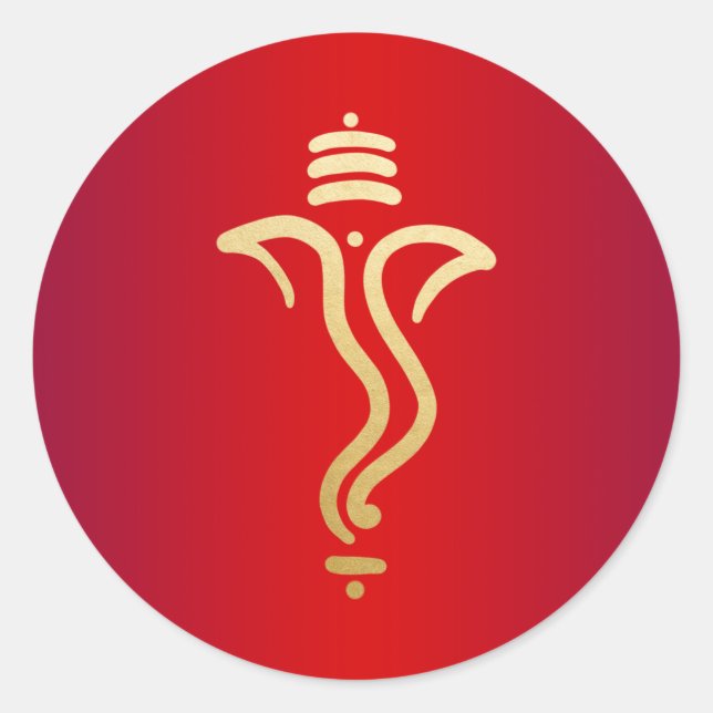 Pegatina Redonda Ganesh festivo de oro rojo/ Dios indio (Anverso)