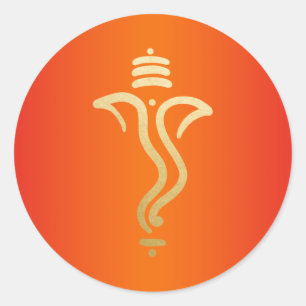 Pegatina Redonda Ganesh festivo dorado naranja/ Dios indio