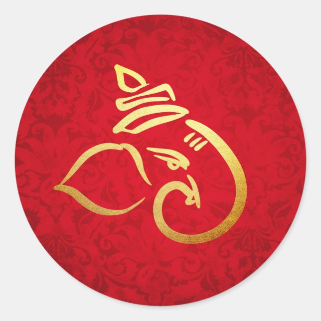 Pegatina Redonda Ganesh festivo | Ganpati | Rojo de damasco de Dios (Anverso)