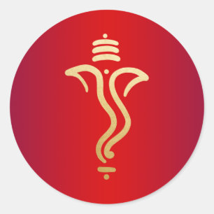 Pegatina Redonda Ganesh festivo rojo dorado/ Dios indio