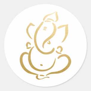 Pegatina Redonda Ganesh   Ganapati   Dios indio   Faux Gold