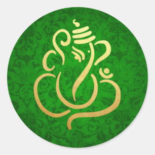Pegatina Redonda Ganesh   Verde de la Damask de Dios indio