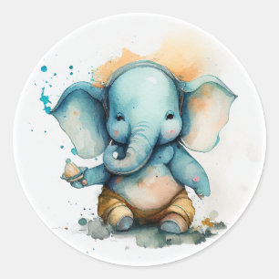 Pegatina Redonda ganesha como lindo bebé elefante azul