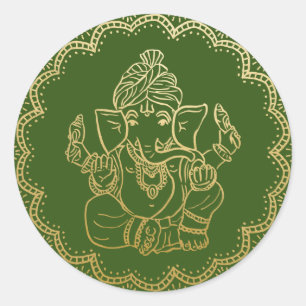 Pegatina Redonda Ganesha de oro   Boda verde del dios indio