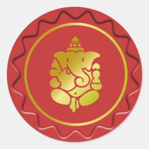 Pegatina Redonda Ganesha dorada sobre sellado de cera roja