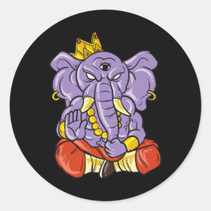 Pegatina Redonda Ganesha elefante de yoga y meditación con tres ojo
