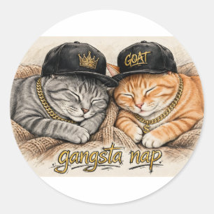 Pegatina Redonda Gangsta Nap — Gatos raperos durmiendo, cadenas de