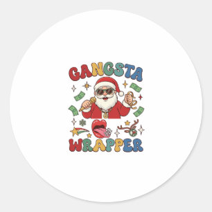 Pegatina Redonda Gangsta Wrapper Santa de Navidad Micrófono Dinero