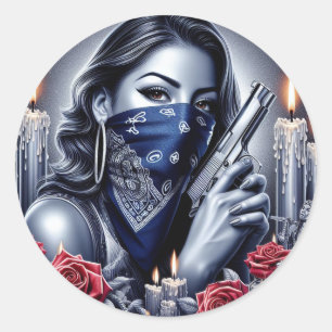 Pegatina Redonda Gangster Chica Hip Hop arte chicano Diseño