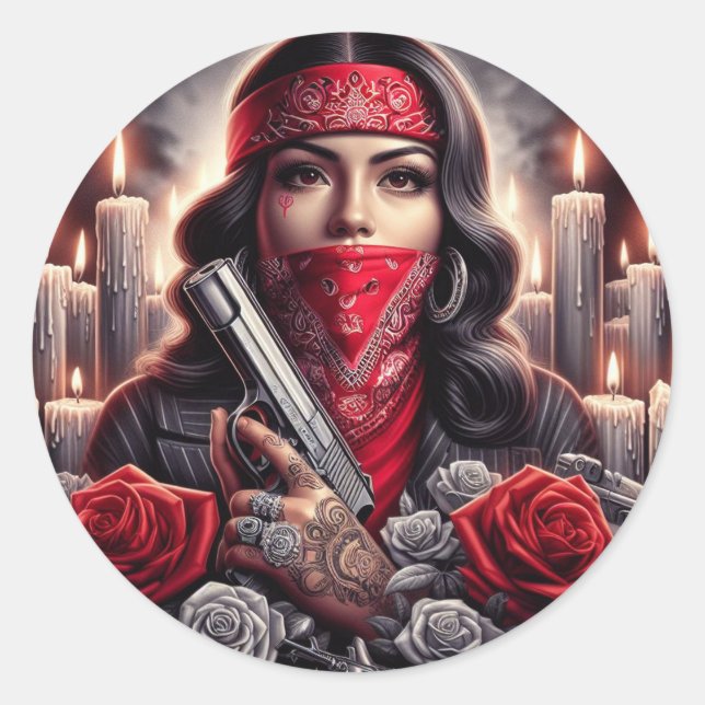 Pegatina Redonda Gangster Chica Hip Hop arte chicano gráfico (Anverso)