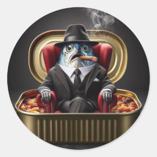 Pegatina Redonda  Gangster Sardine Don Fish Mobster Godfather Mood