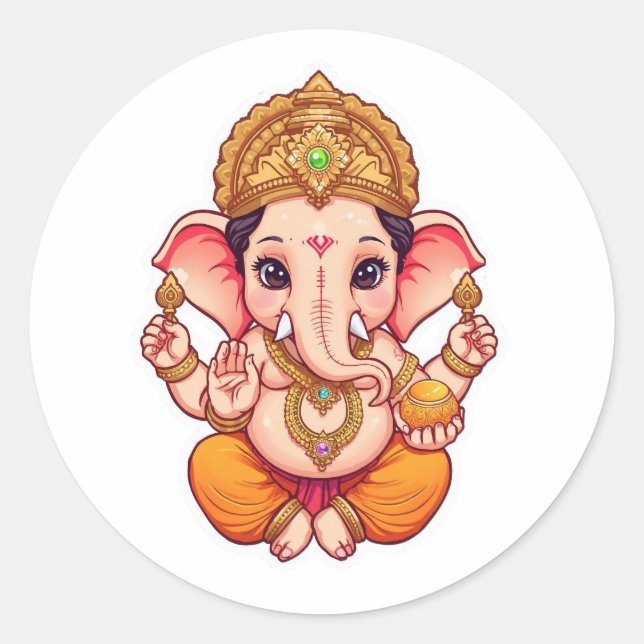 Pegatina Redonda Ganpati Bappa - Chibi Style Ganesha con (Anverso)