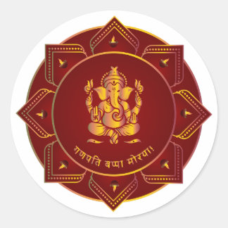Pegatina Redonda Ganpati Bappa Morya Ganesha Dorado 8 Diya Mandala