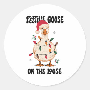 Pegatina Redonda Ganso Festivo Suelto Gorro De Santa De Navidad