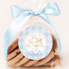 Pegatina Redonda Ganso primer cumpleaños Gingham azul Un ganso tont