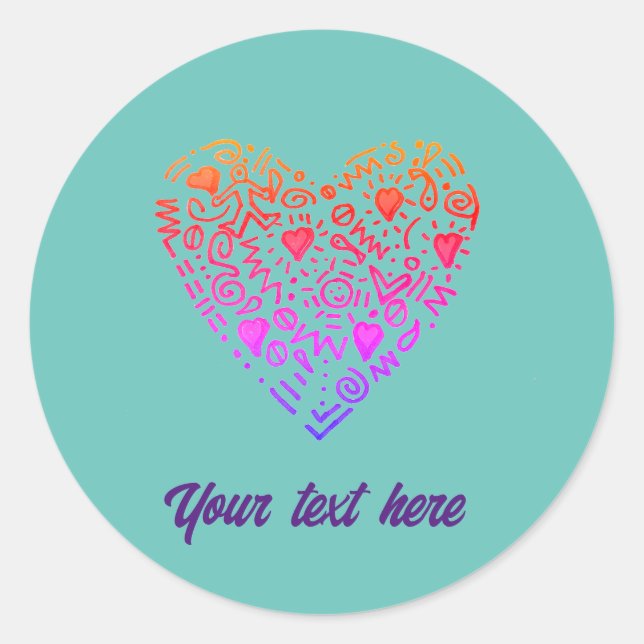 Pegatina Redonda garabato de doodle púrpura rosa oscuro del corazón (Anverso)