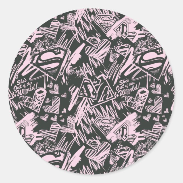 Pegatina Redonda Garabatos rosados y negros de superchica (Anverso)