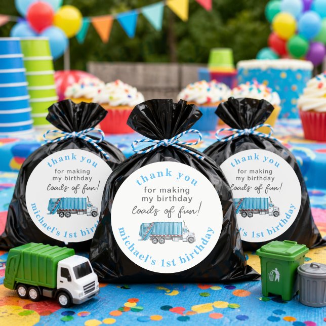 Pegatina Redonda Garbage Trash Truck Boy 1st Birthday Thank You (Subido por el creador)