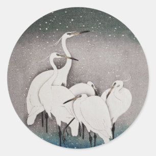 Pegatina Redonda Garzas Koson en la Nieve: Japón Vintage