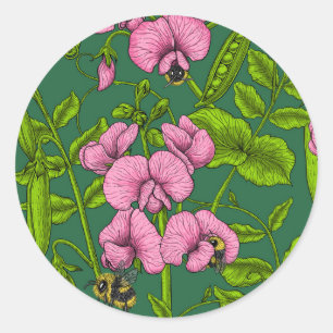 Pegatina Redonda Garzas y abejorros dulces, verdes y rosas