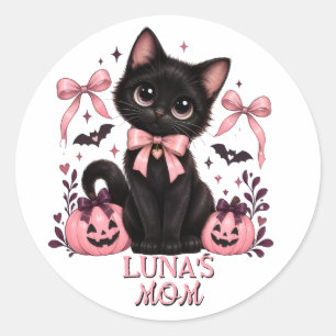 Pegatina Redonda Gata Mamá Coqueta Gato Negro, Gata Mamá Halloween 