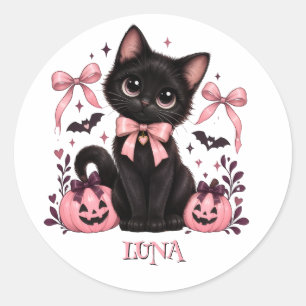 Pegatina Redonda Gata Negra Coqueta, Gata Halloween 