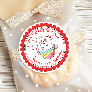 Pegatina Redonda Gata Sirena Personalizada de San Valentín Adorable