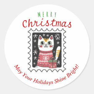 Pegatina Redonda Gatito Adorable Funny Navidad Gato Feliz Navidad 