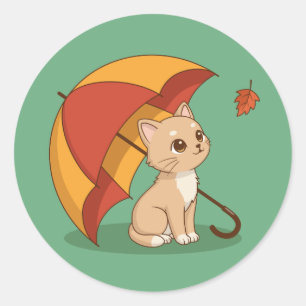 Pegatina Redonda Gatito Adorable Gato Rojo Amarillo Paraguas Otoño 