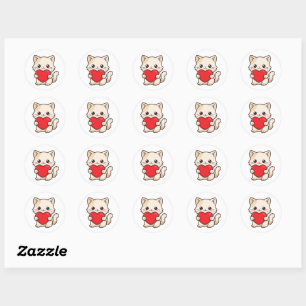 Pegatina Redonda Gatito Adorable Sosteniendo Corazón Rojo - Kawaii