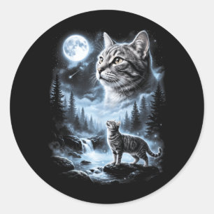 Pegatina Redonda Gatito atigrado gris aullando a la luna Retro 90s