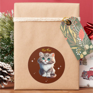Pegatina Redonda Gatito atigrado gris esponjoso y lindo con grandes