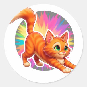 Pegatina Redonda Gatito atigrado naranja juguetón