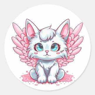 Pegatina Redonda Gatito blanco kawaii con alas rosadas