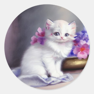Pegatina Redonda Gatito blanco vintage con flores rosadas y moradas
